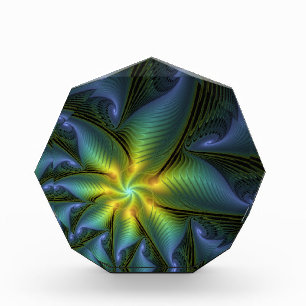 Abstract Star, Shiny Blue Green Golden Fractal Art Acrylic Award