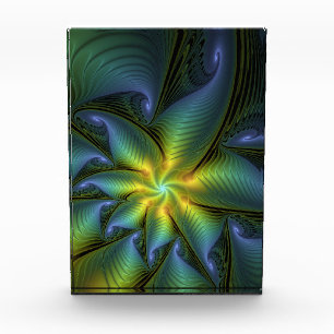 Abstract Star, Shiny Blue Green Golden Fractal Art Acrylic Award