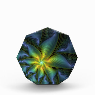 Abstract Star, Shiny Blue Green Golden Fractal Art Acrylic Award