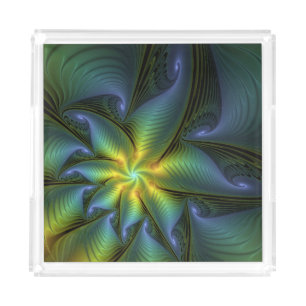 Abstract Star, Shiny Blue Green Golden Fractal Art Acrylic Tray