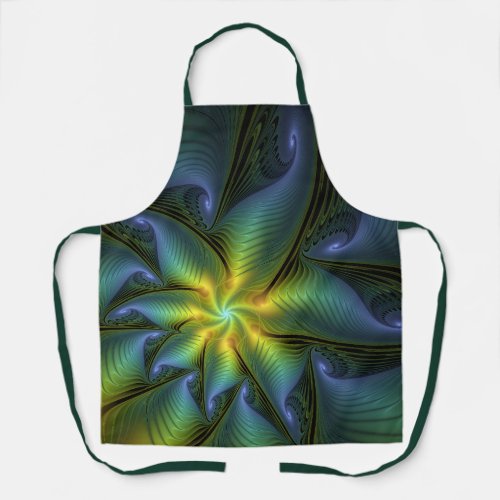 Abstract Star Shiny Blue Green Golden Fractal Art Apron