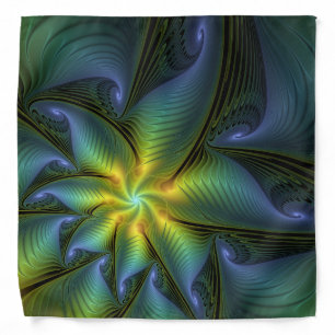 Abstract Star, Shiny Blue Green Golden Fractal Art Bandana