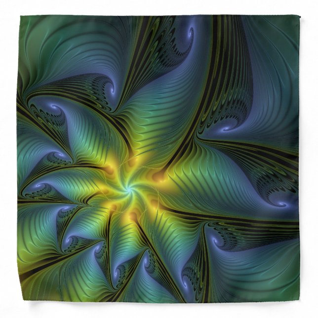 Abstract Star, Shiny Blue Green Golden Fractal Art Bandana (Front)