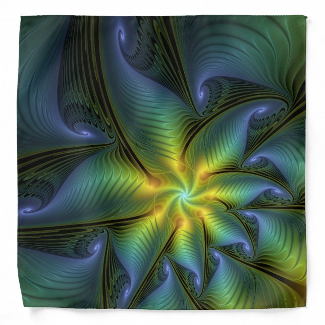 Abstract Star, Shiny Blue Green Golden Fractal Art Bandana (Front)