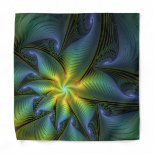 Abstract Star, Shiny Blue Green Golden Fractal Art Bandana