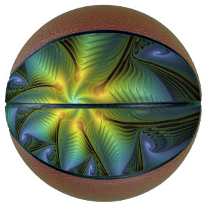 Abstract Star, Shiny Blue Green Golden Fractal Art Basketball