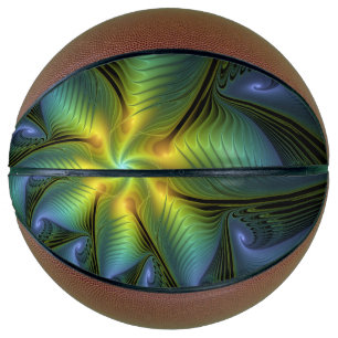Abstract Star, Shiny Blue Green Golden Fractal Art Basketball