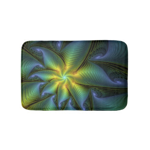 Abstract Star, Shiny Blue Green Golden Fractal Art Bath Mat