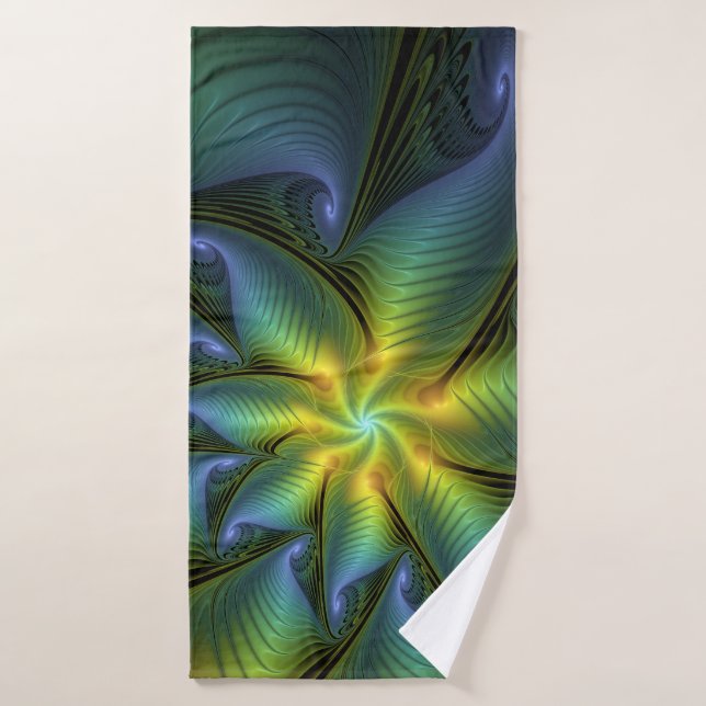 Abstract Star, Shiny Blue Green Golden Fractal Art Bath Towel (Bath Towel)