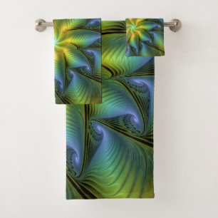 Abstract Star, Shiny Blue Green Golden Fractal Art Bath Towel Set