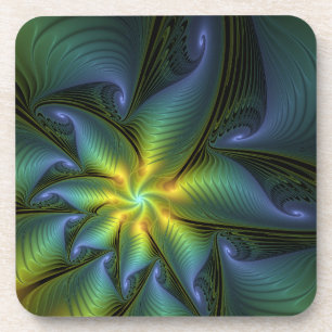 Abstract Star, Shiny Blue Green Golden Fractal Art Beverage Coaster