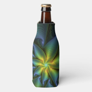 Abstract Star, Shiny Blue Green Golden Fractal Art Bottle Cooler