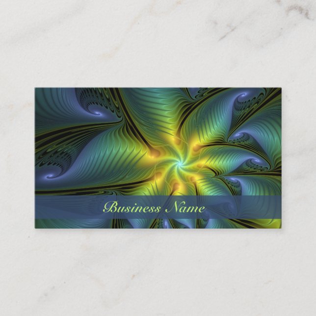 Abstract Star, Shiny Blue Green Golden Fractal Art Business Card (Front)