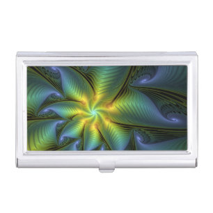 Abstract Star, Shiny Blue Green Golden Fractal Art Business Card Case