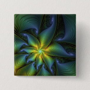 Abstract Star, Shiny Blue Green Golden Fractal Art Button