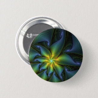Abstract Star, Shiny Blue Green Golden Fractal Art Button