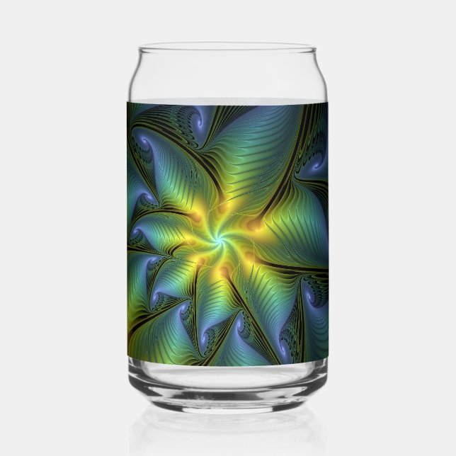Abstract Star, Shiny Blue Green Golden Fractal Art Can Glass (Front)