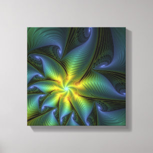 Abstract Star, Shiny Blue Green Golden Fractal Art Canvas Print