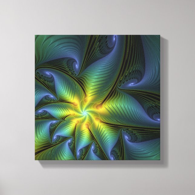 Abstract Star, Shiny Blue Green Golden Fractal Art Canvas Print (Front)