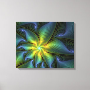 Abstract Star, Shiny Blue Green Golden Fractal Art Canvas Print