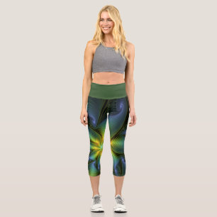 Abstract Star, Shiny Blue Green Golden Fractal Art Capri Leggings