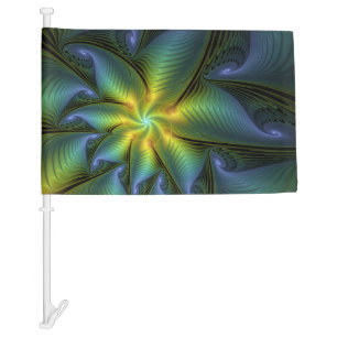 Abstract Star, Shiny Blue Green Golden Fractal Art Car Flag