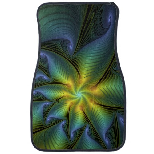 Abstract Star Shiny Blue Green Golden Fractal Art Car Floor Mat