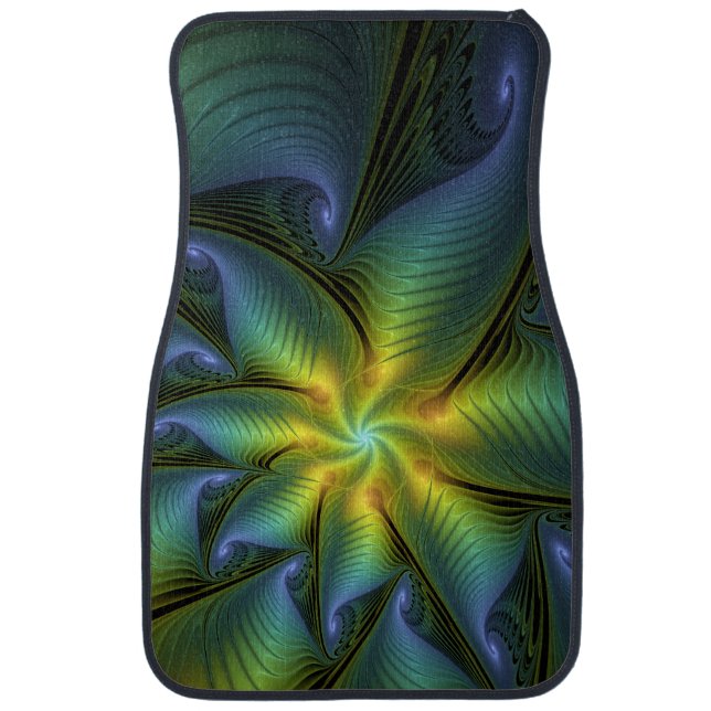 Abstract Star, Shiny Blue Green Golden Fractal Art Car Floor Mat (Front)