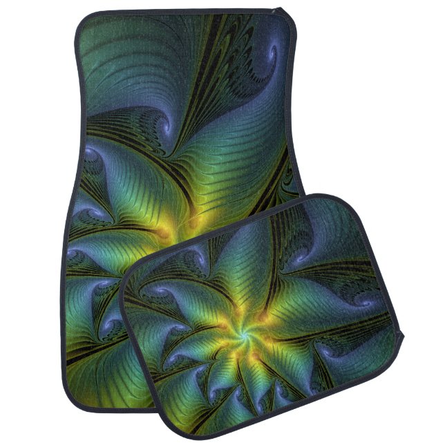 Abstract Star, Shiny Blue Green Golden Fractal Art Car Floor Mat (Set)
