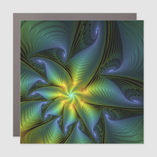 Abstract Star, Shiny Blue Green Golden Fractal Art Car Magnet