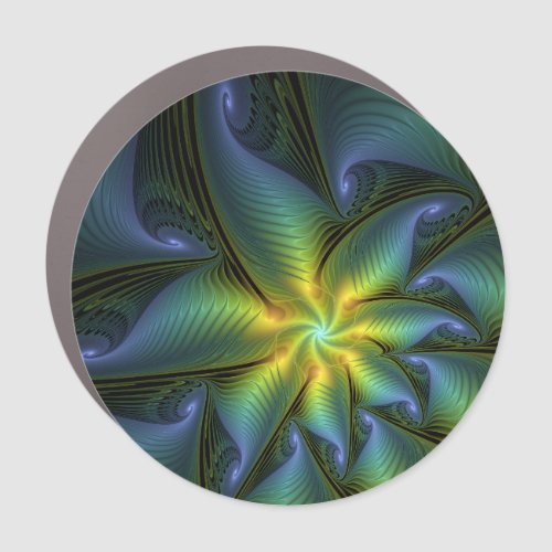 Abstract Star, Shiny Blue Green Golden Fractal Art Car Magnet