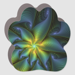 Abstract Star, Shiny Blue Green Golden Fractal Art Car Magnet