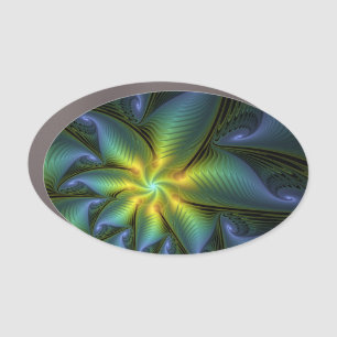 Abstract Star, Shiny Blue Green Golden Fractal Art Car Magnet