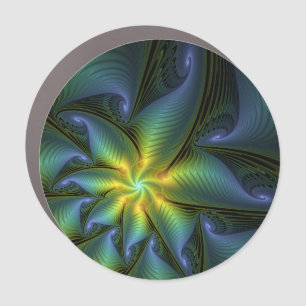 Abstract Star, Shiny Blue Green Golden Fractal Art Car Magnet