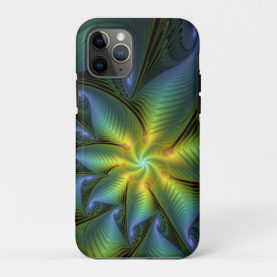 Abstract Star, Shiny Blue Green Golden Fractal Art iPhone 11 Pro Case