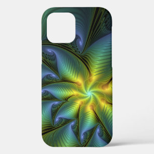 Abstract Star, Shiny Blue Green Golden Fractal Art iPhone 12 Case