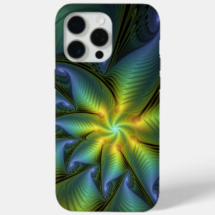 Abstract Star, Shiny Blue Green Golden Fractal Art iPhone 15 Pro Max Case