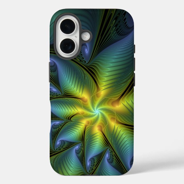 Abstract Star, Shiny Blue Green Golden Fractal Art Case-Mate iPhone Case (Back)