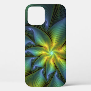 Abstract Star, Shiny Blue Green Golden Fractal Art iPhone 12 Pro Case