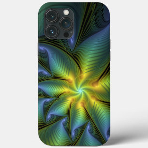 Abstract Star, Shiny Blue Green Golden Fractal Art iPhone 13 Pro Max Case