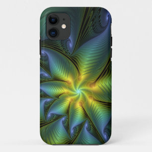 Abstract Star, Shiny Blue Green Golden Fractal Art iPhone 11 Case