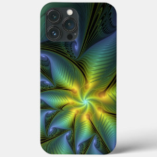 Abstract Star, Shiny Blue Green Golden Fractal Art iPhone 13 Pro Max Case