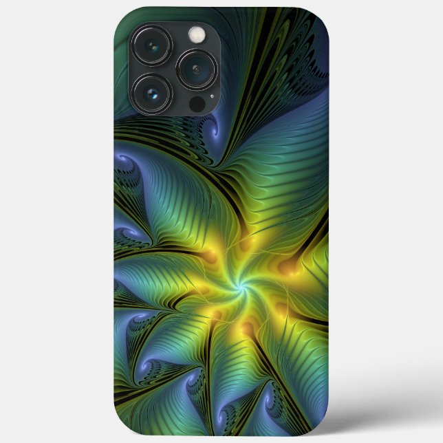 Abstract Star, Shiny Blue Green Golden Fractal Art Case-Mate iPhone Case (Back)