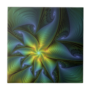 Abstract Star, Shiny Blue Green Golden Fractal Art Ceramic Tile