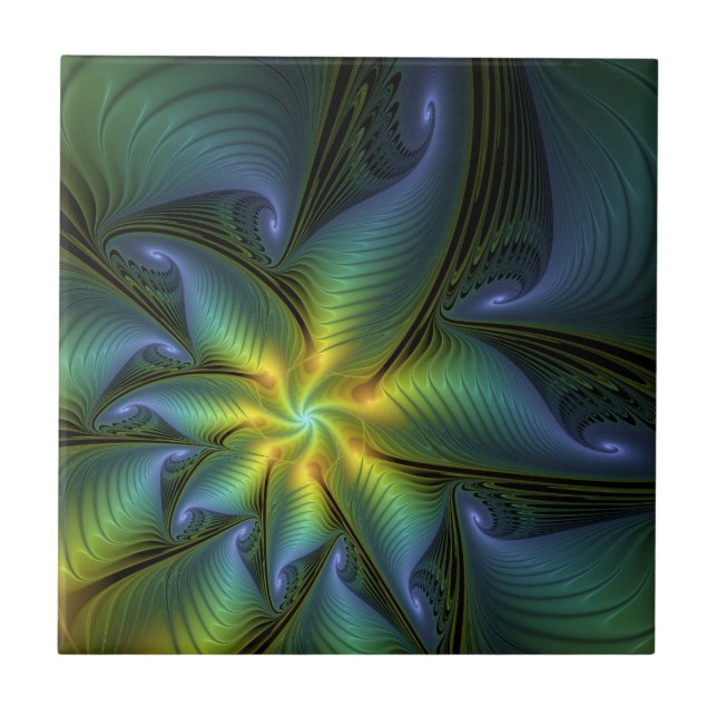 Abstract Star, Shiny Blue Green Golden Fractal Art Ceramic Tile (Front)