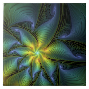 Abstract Star, Shiny Blue Green Golden Fractal Art Ceramic Tile