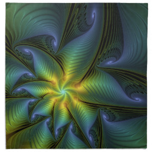Abstract Star, Shiny Blue Green Golden Fractal Art Cloth Napkin