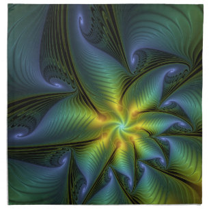 Abstract Star, Shiny Blue Green Golden Fractal Art Cloth Napkin