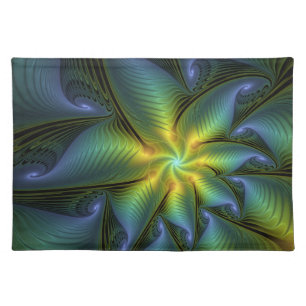 Abstract Star, Shiny Blue Green Golden Fractal Art Cloth Placemat