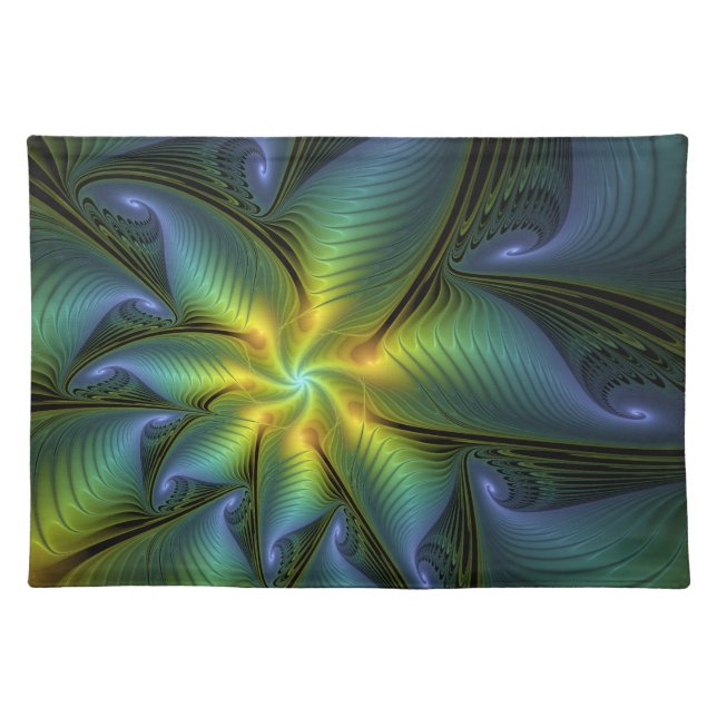 Abstract Star, Shiny Blue Green Golden Fractal Art Cloth Placemat (Front)